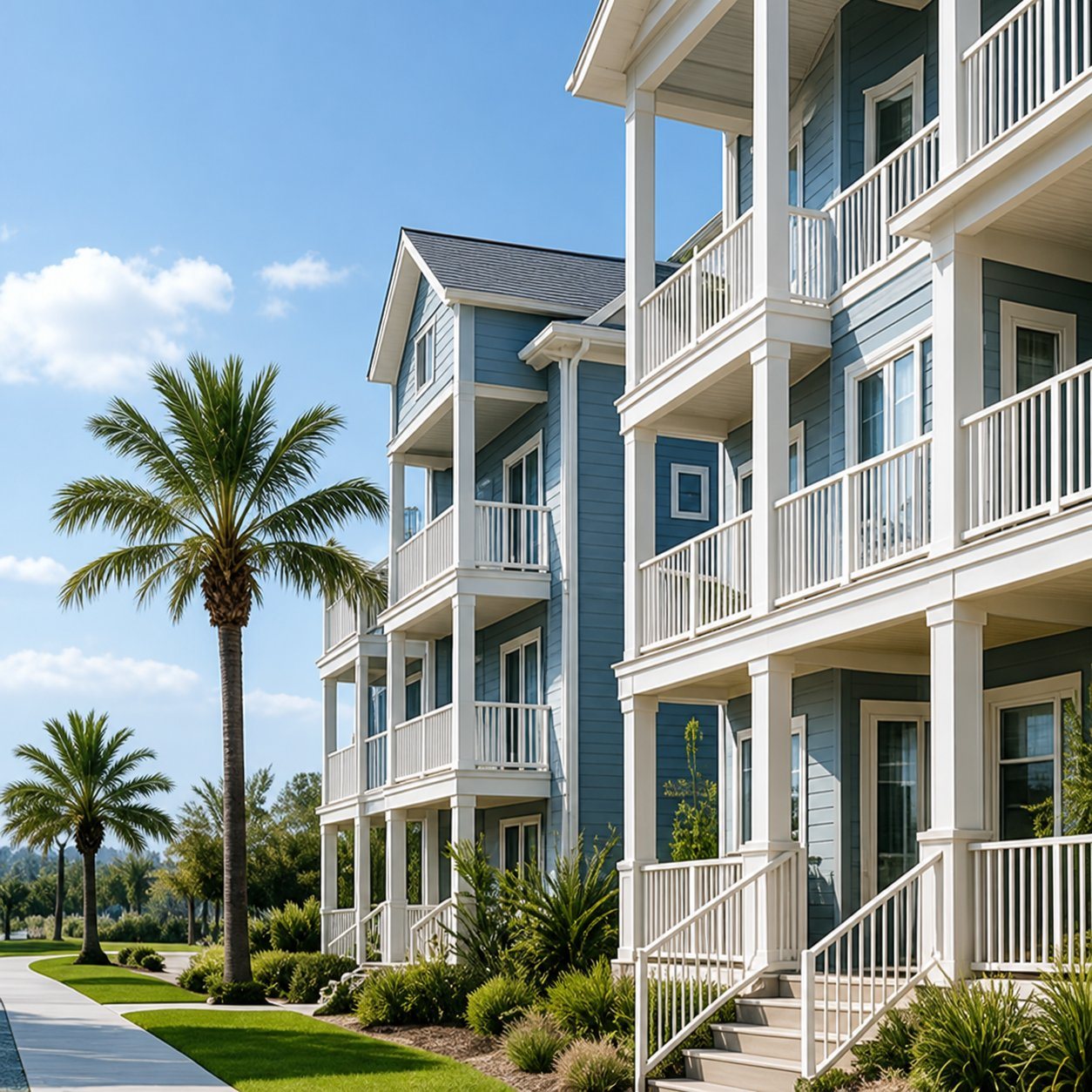 White and blue apartment building with balconies and palm trees under a clear sky