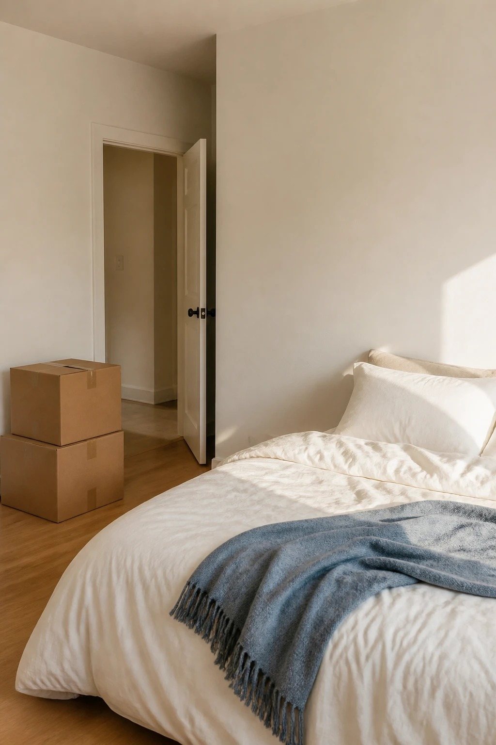 A bedroom with stacked boxes, white bedding and a blue throw