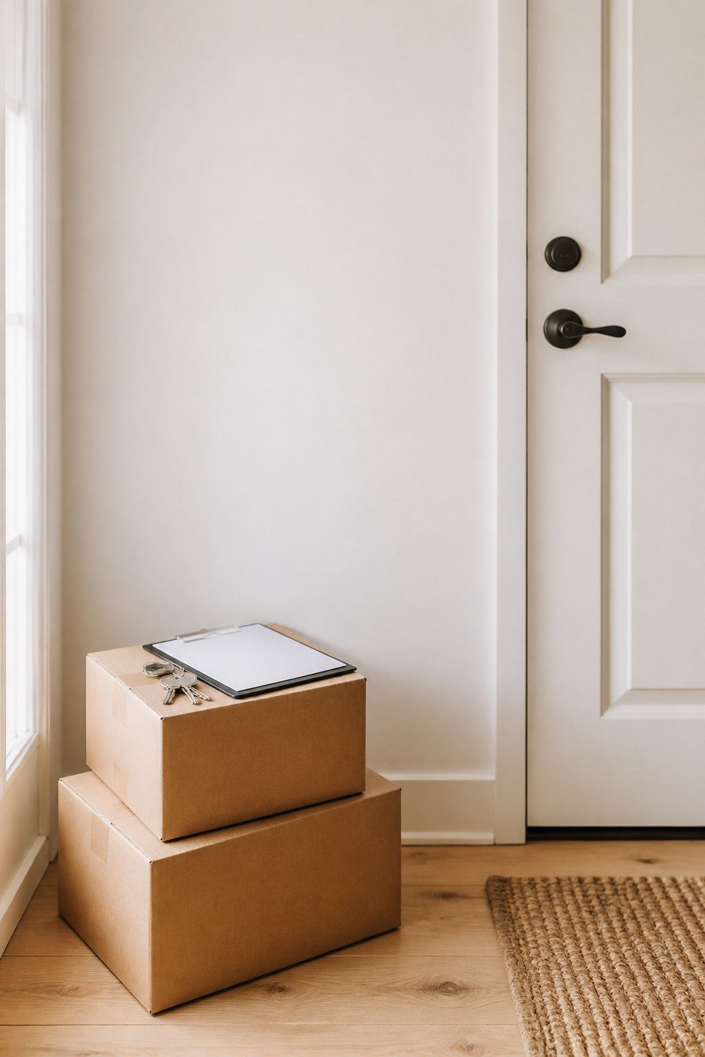 Two moving boxes stacked inside the entry door of a bright, empty apartment