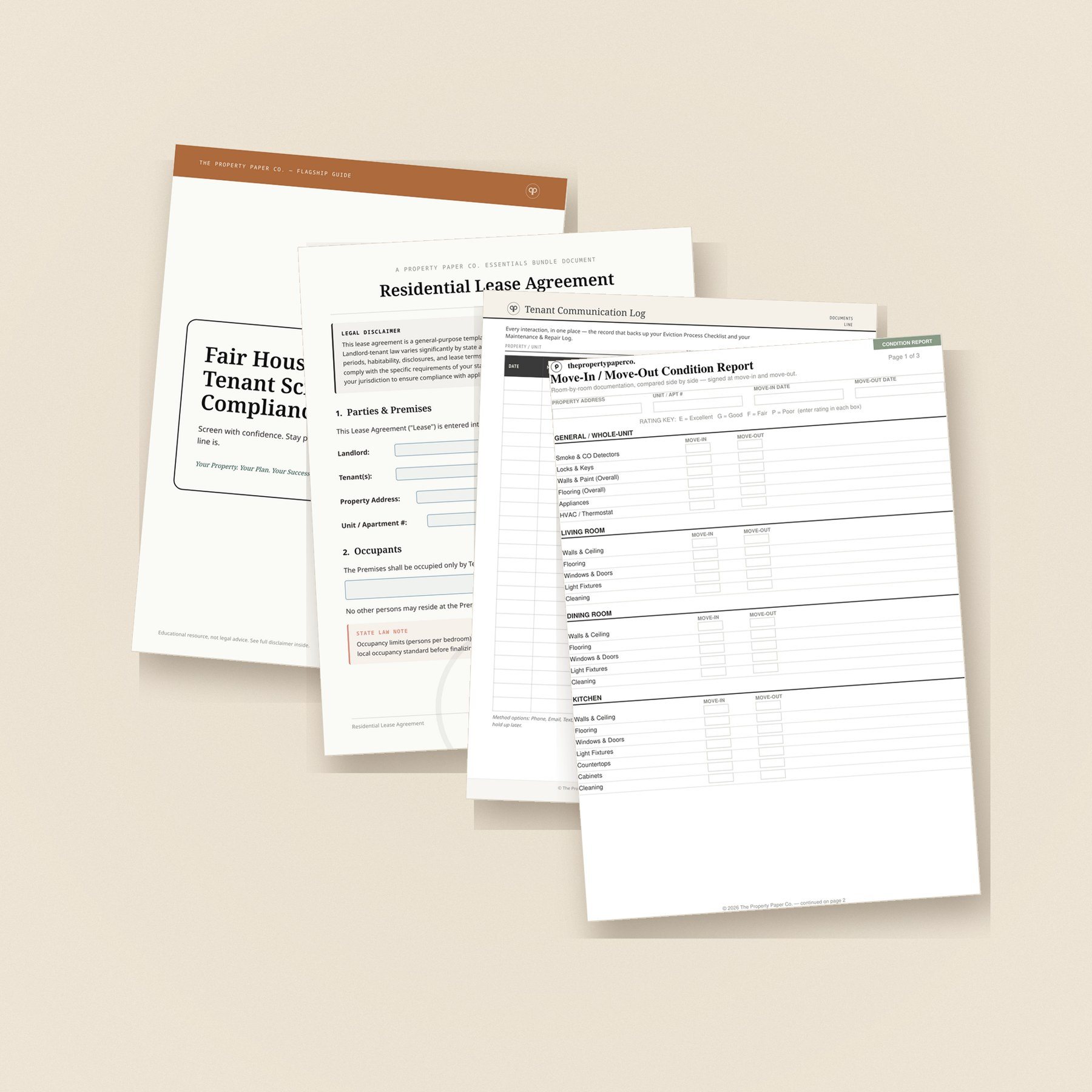 Pages from The Complete Rental Management Bundle fanned on a warm linen surface: Fair Housing guide, lease agreement, tenant communication log and condition report