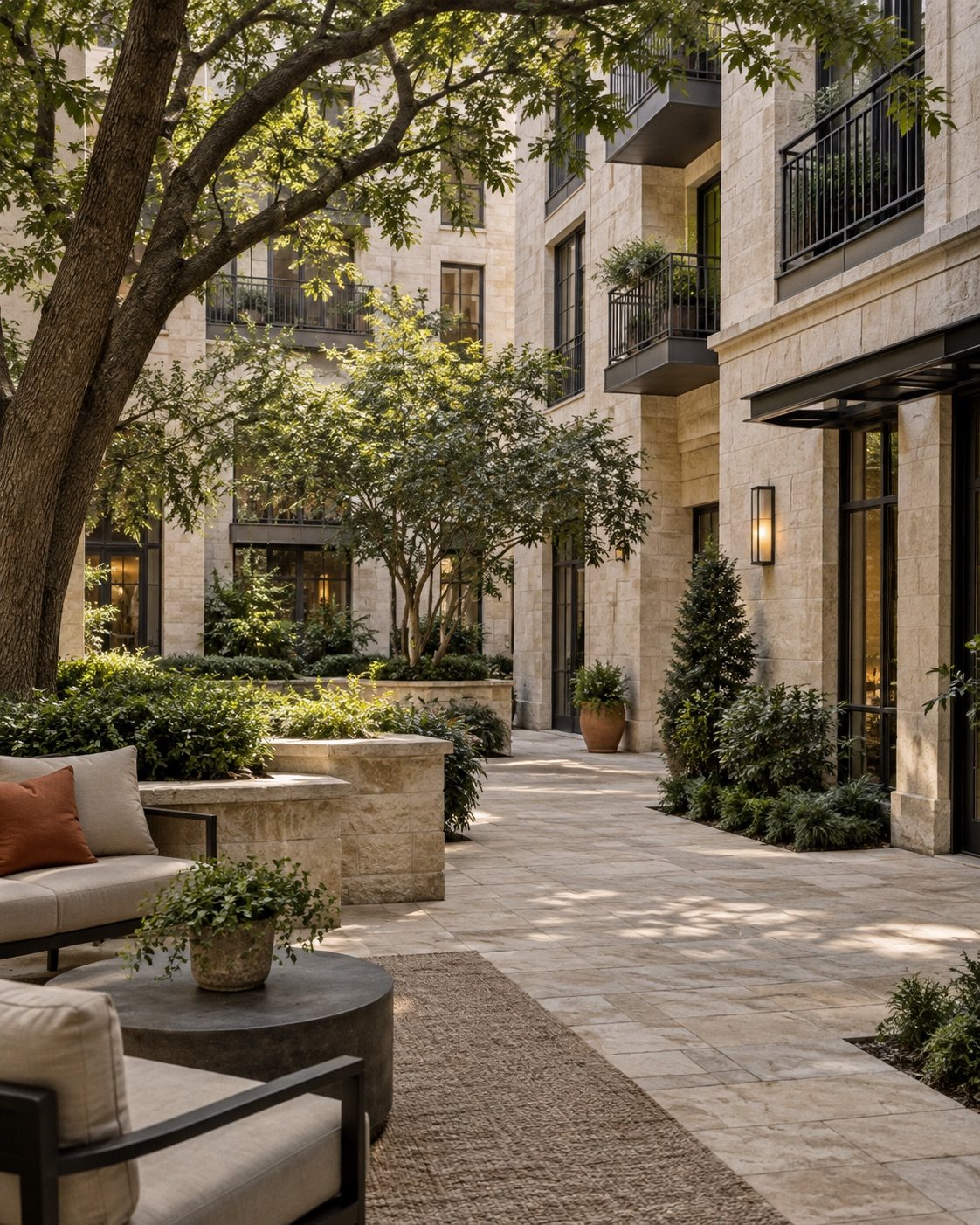 Sunlit stone courtyard with seating, planters and balconies above
