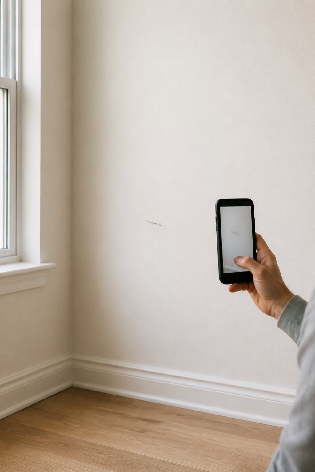 A hand holding a phone to photograph a mark on the wall of an empty sunlit room