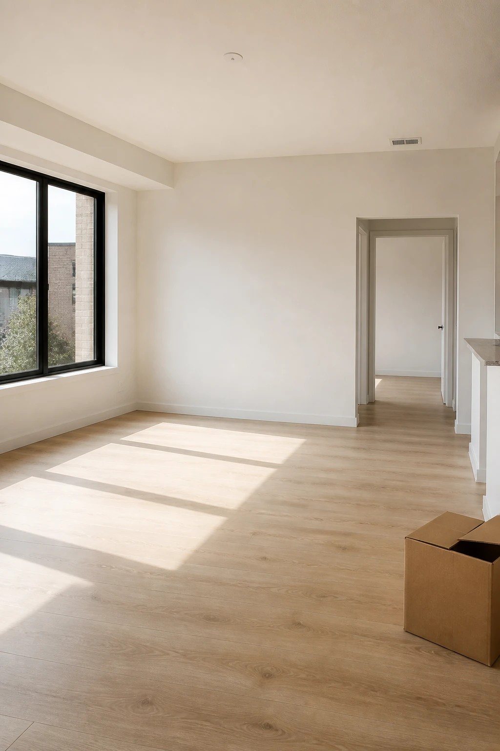 An empty, sunlit living room with a single moving box on the floor