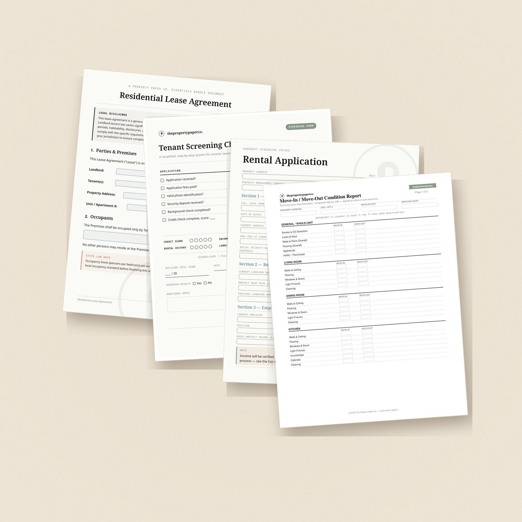 Four pages from the Property Management Essentials Bundle fanned on a warm linen surface: lease agreement, tenant screening checklist, rental application and move-in/move-out condition report