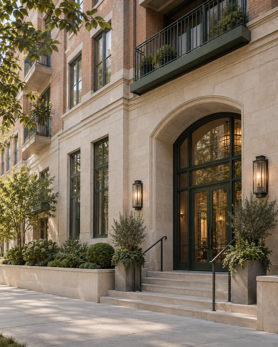 Limestone building entrance with an arched glass door and lantern lights