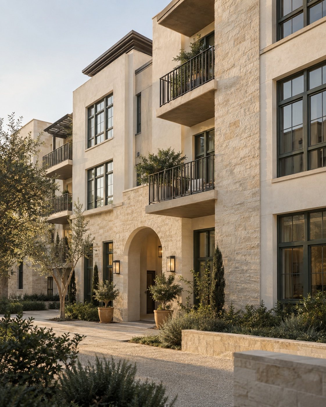 Cream limestone apartment building with an arched entry and black balcony railings at golden hour