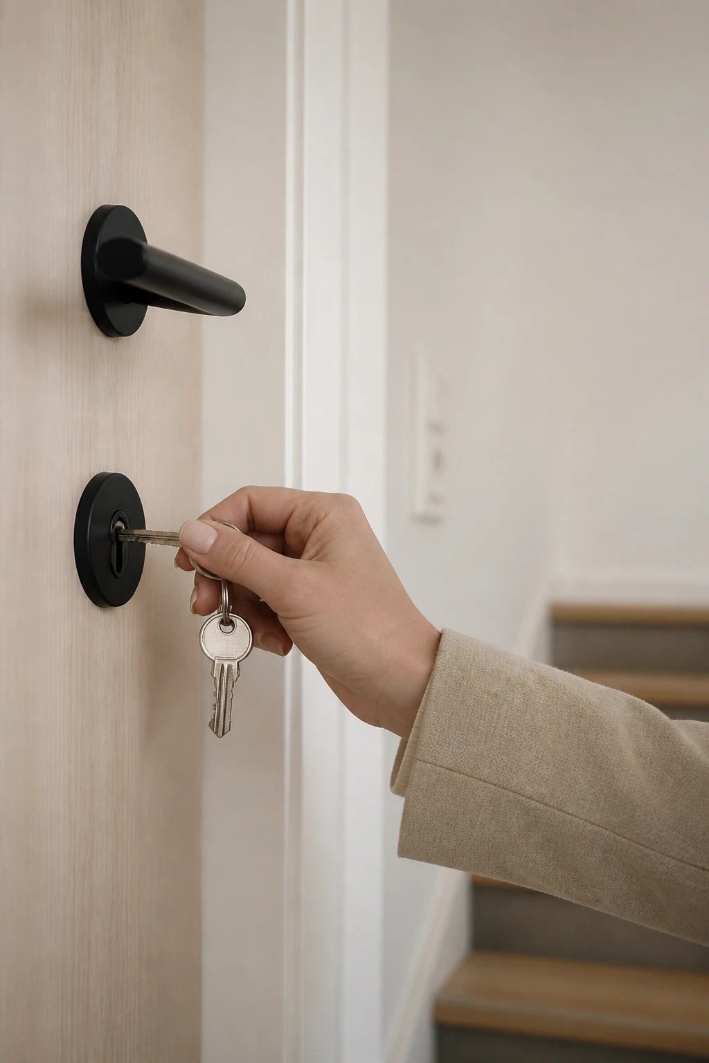 A hand turning a key in a black door lock
