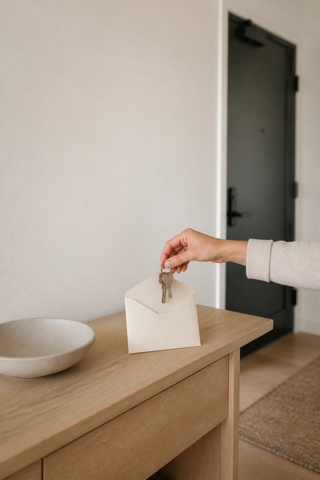 A hand placing a set of keys into an envelope on a wooden entry console beside a dark front door
