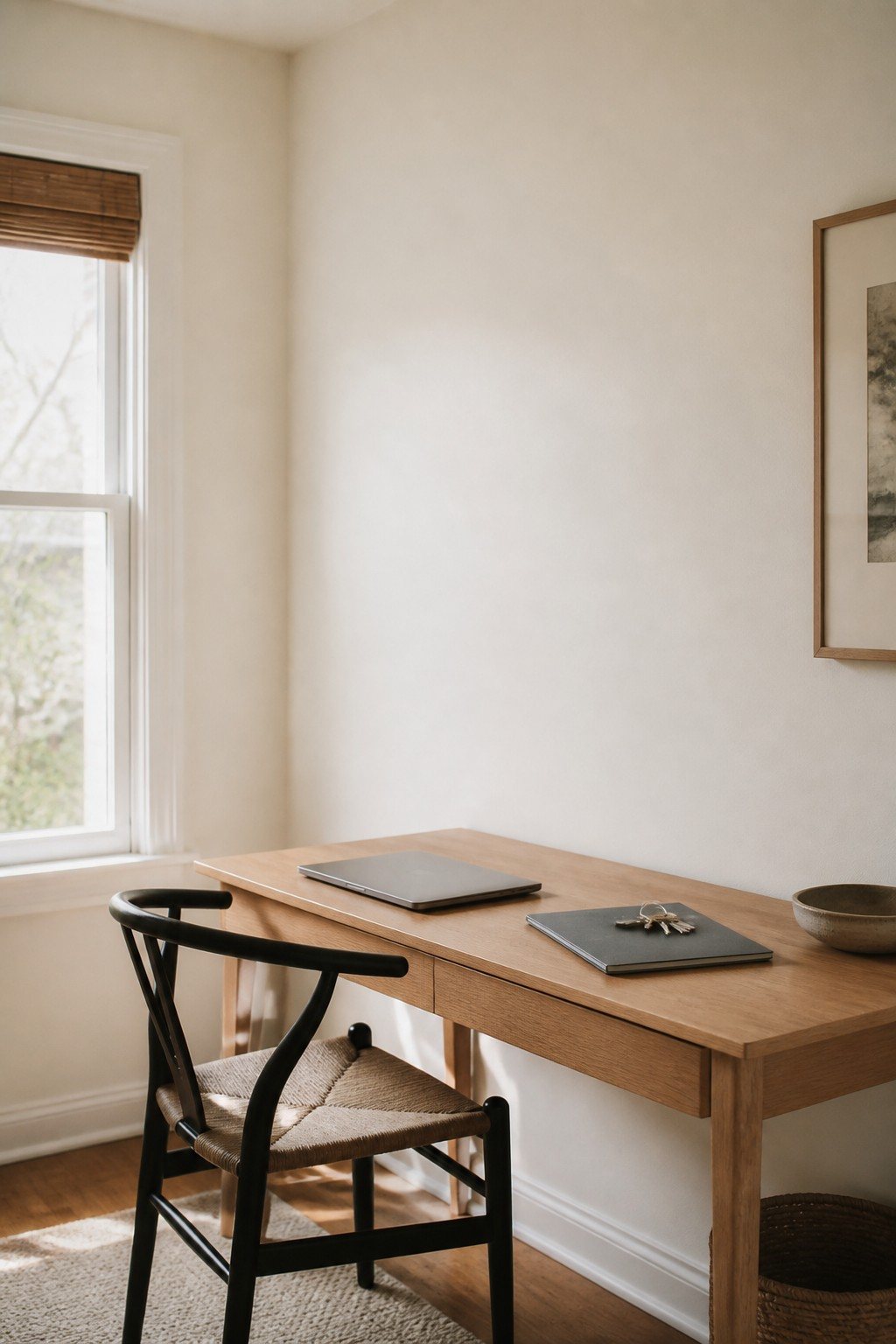 A wooden desk with a closed laptop and keys beside a black chair near a window