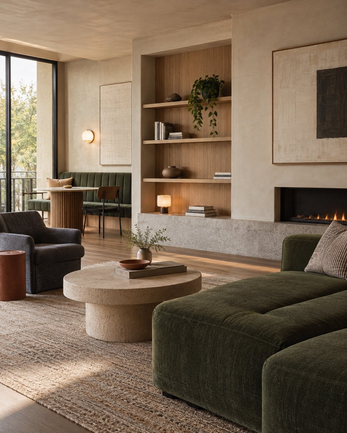 Living room with a deep green velvet sofa, oak shelving and a travertine coffee table