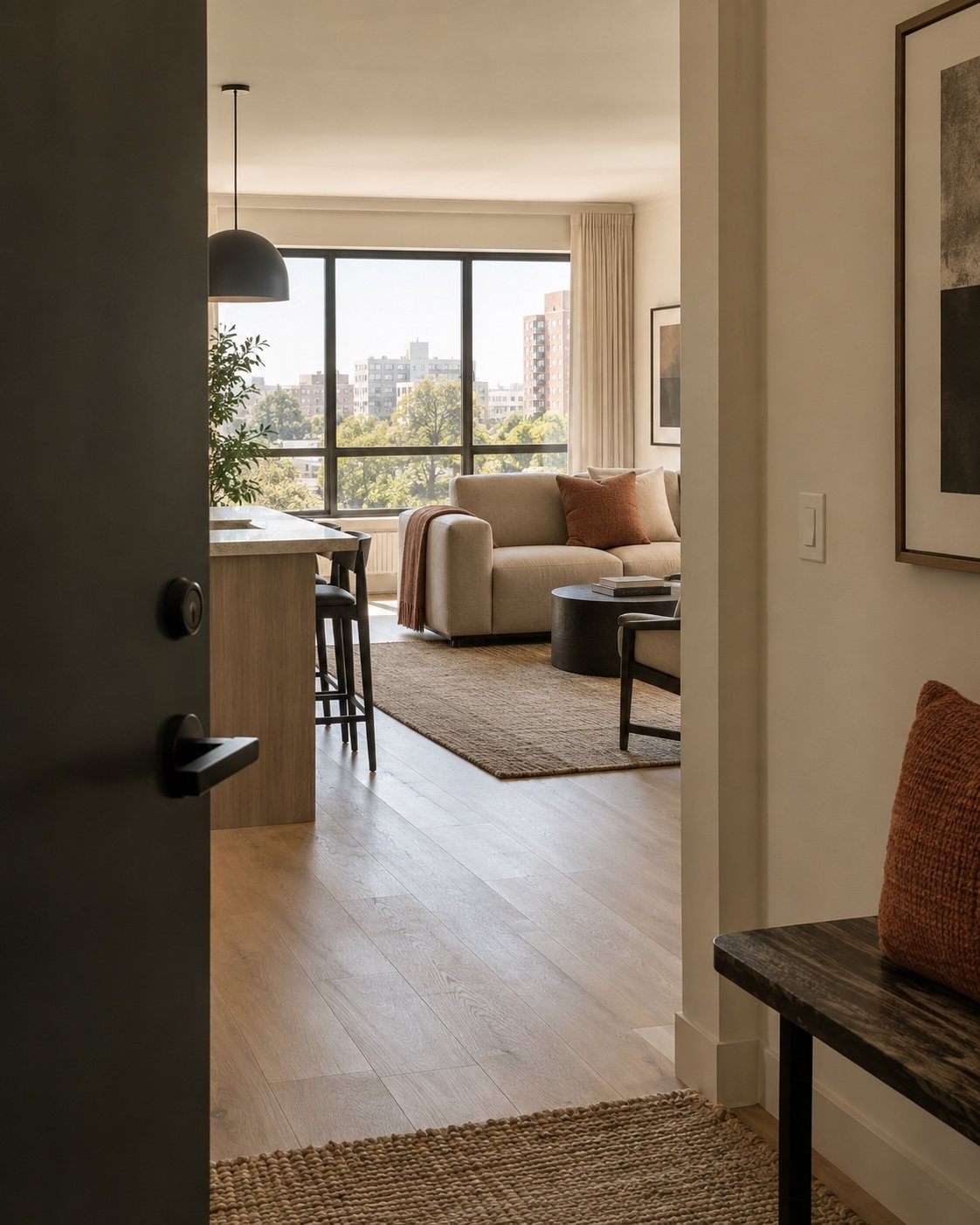 A door opening into a bright, furnished apartment living room