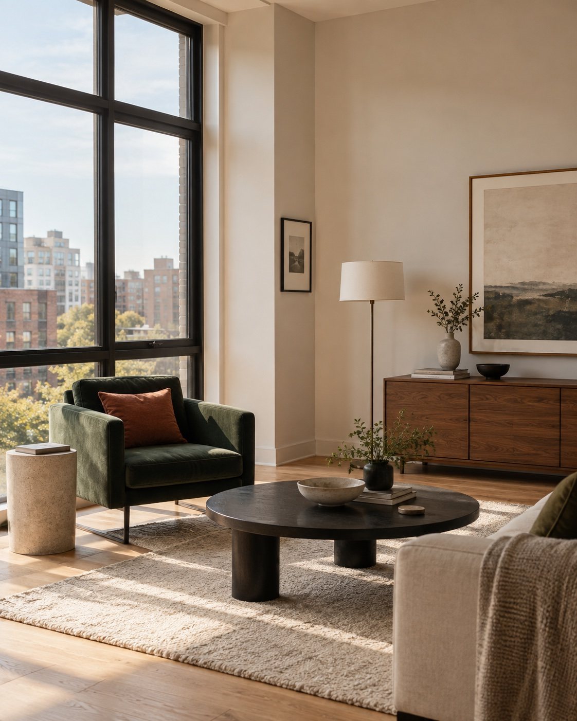Sunlit living room with tall windows, a green velvet chair and a round black coffee table