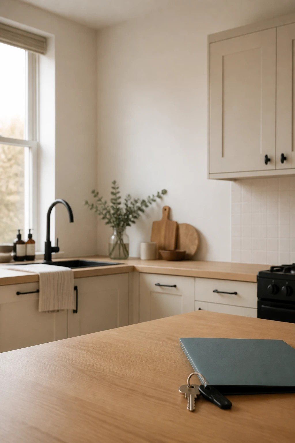 Apartment keys and a folder on a wooden kitchen counter