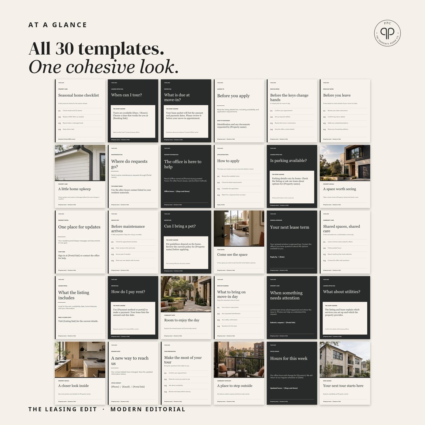 All 30 at a glance: Every template in the pack, from PPC Modern Editorial