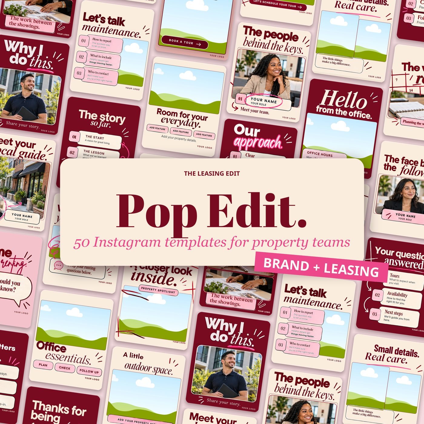Pop Edit cover: a wall of editable Instagram templates in the Pop Edit look