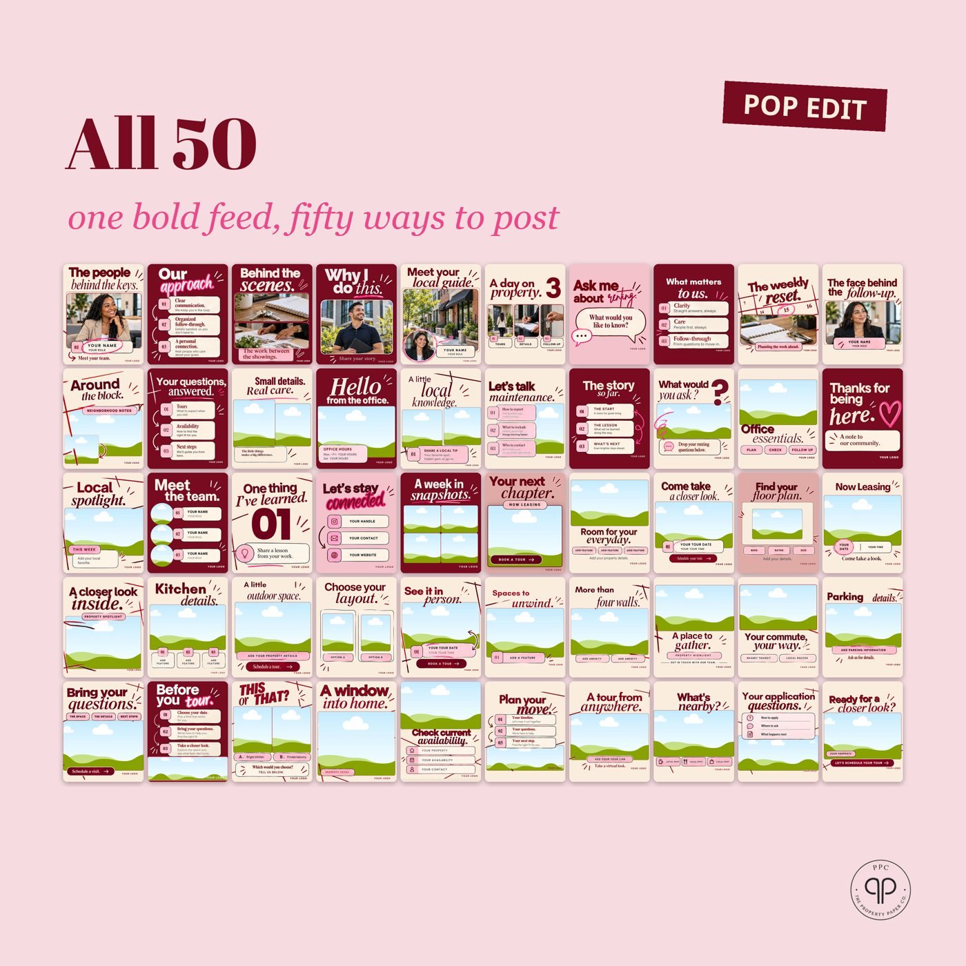 All 50 at a glance: Every template in the pack, from Pop Edit