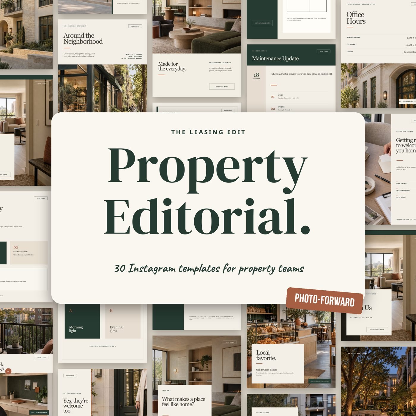 Property Editorial cover: a wall of editable Instagram templates in the Property Editorial look