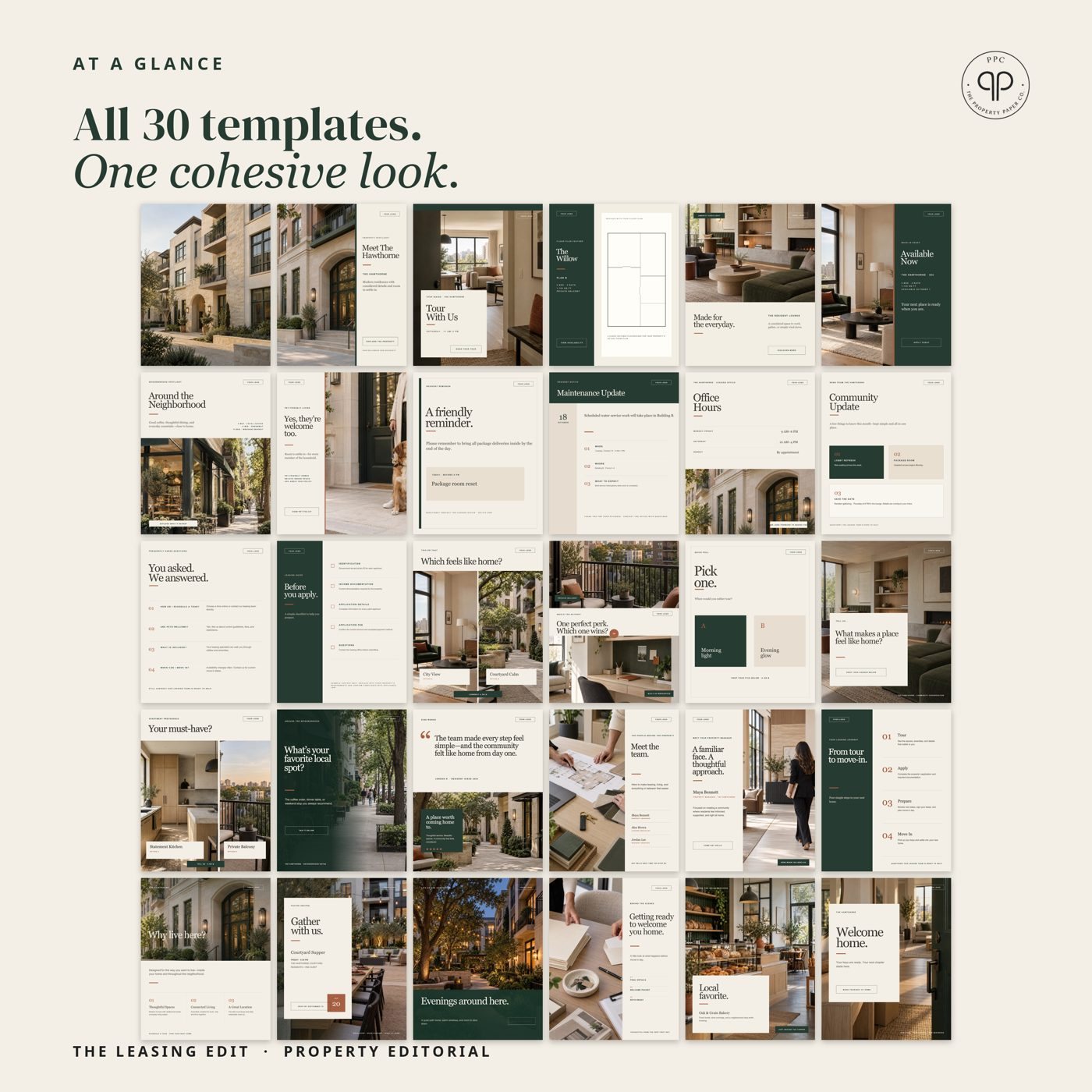 All 30 at a glance: Every template in the pack, from Property Editorial