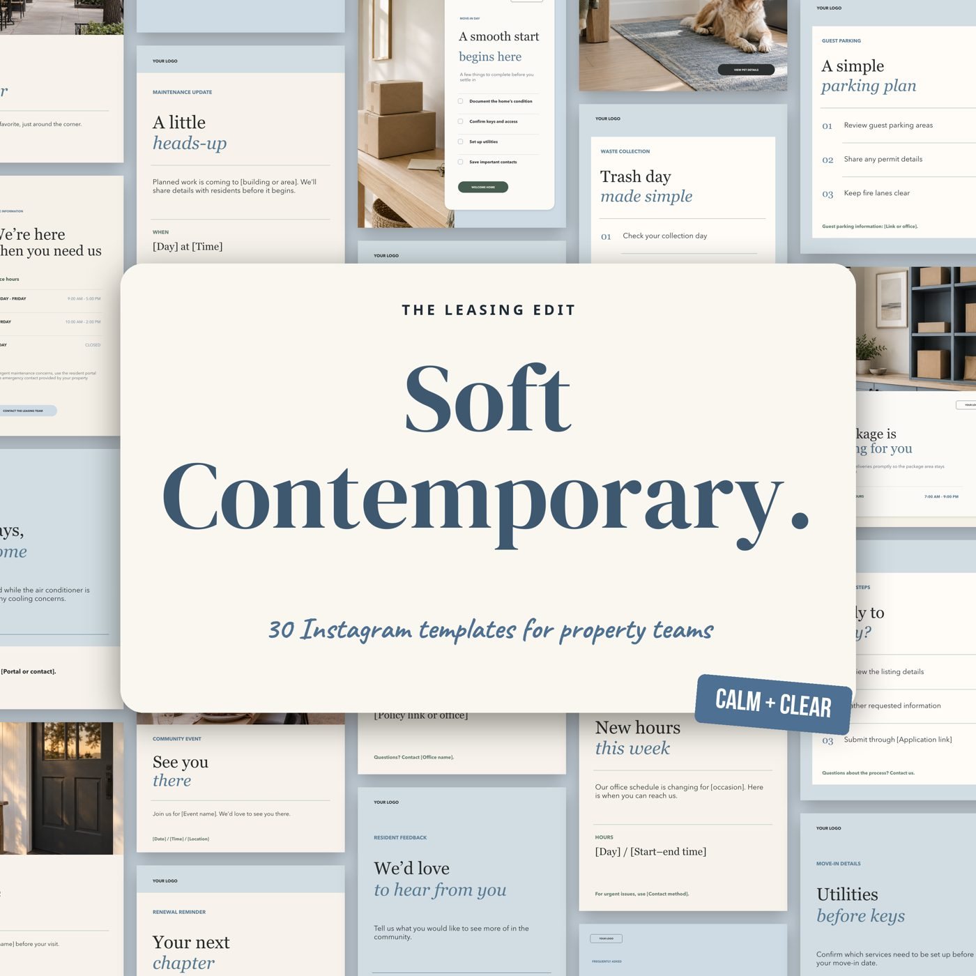 Soft Contemporary cover: a wall of editable Instagram templates in the Soft Contemporary look