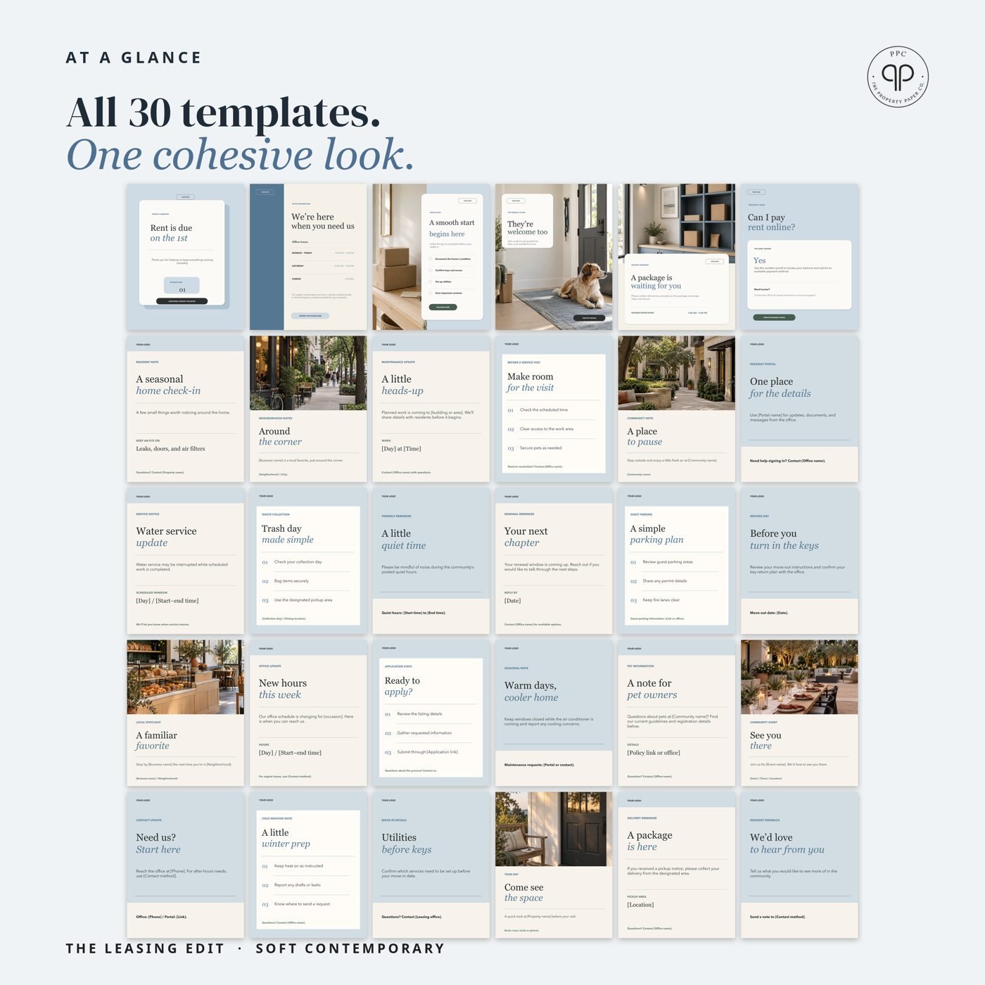 All 30 at a glance: Every template in the pack, from Soft Contemporary