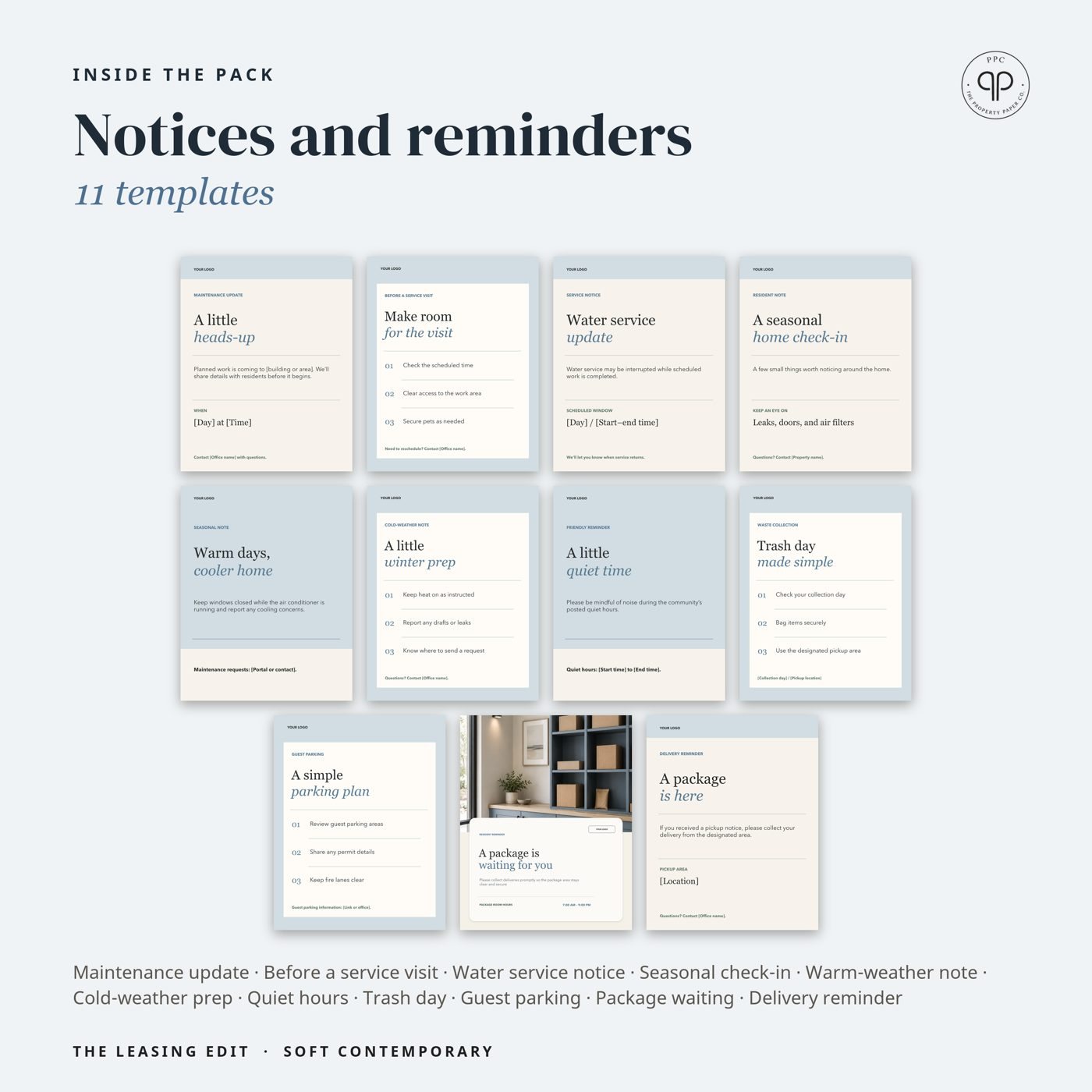 Notices and reminders: 11 templates, from Soft Contemporary