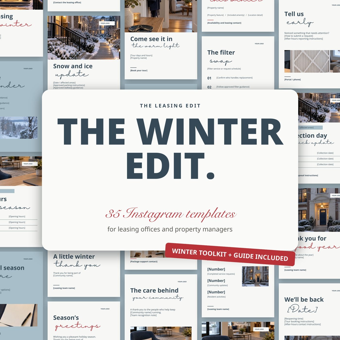 The Winter Edit cover: a wall of editable Instagram templates in the Winter Edit look