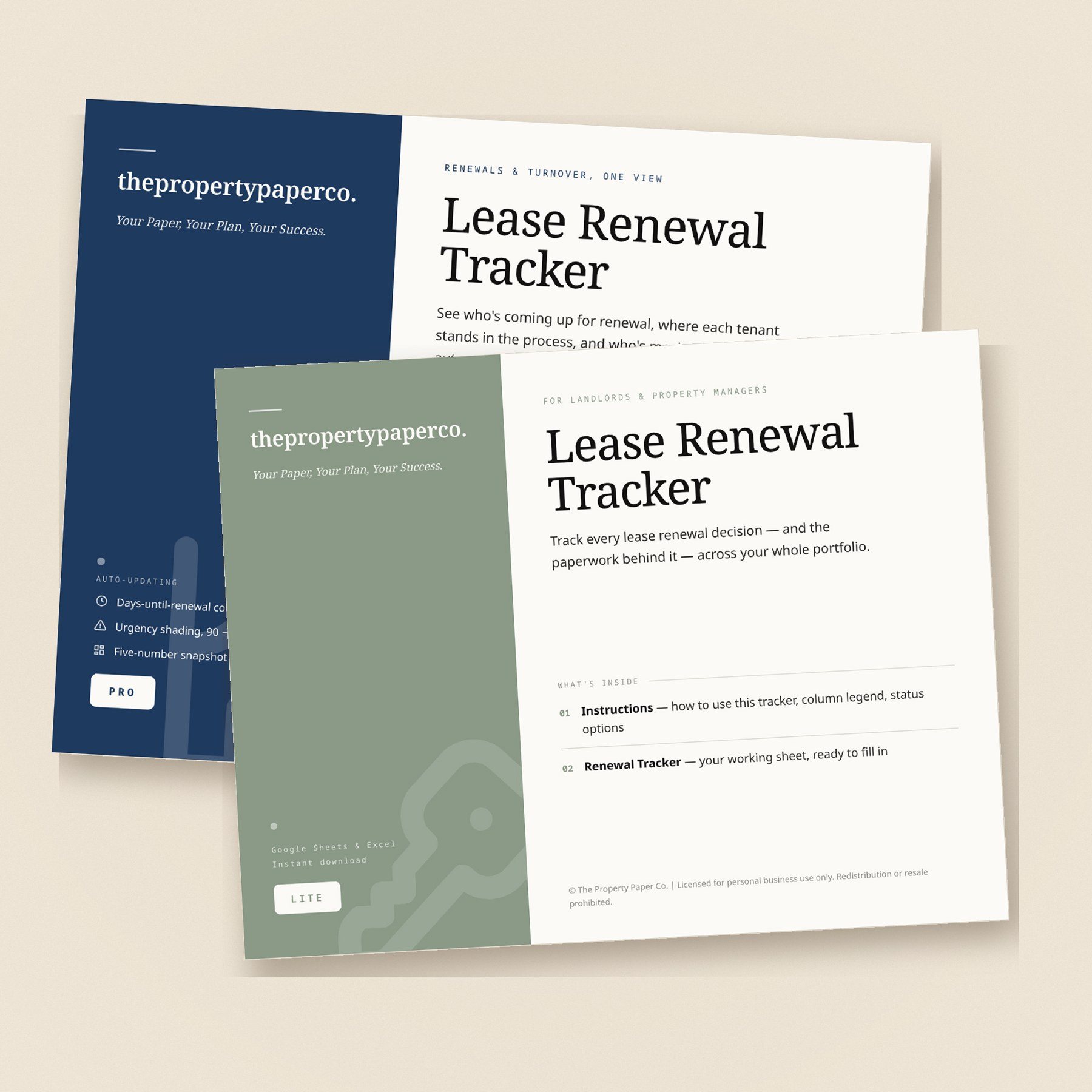 Covers of the Lease Renewal Tracker Pro and Lite spreadsheets on a warm linen surface