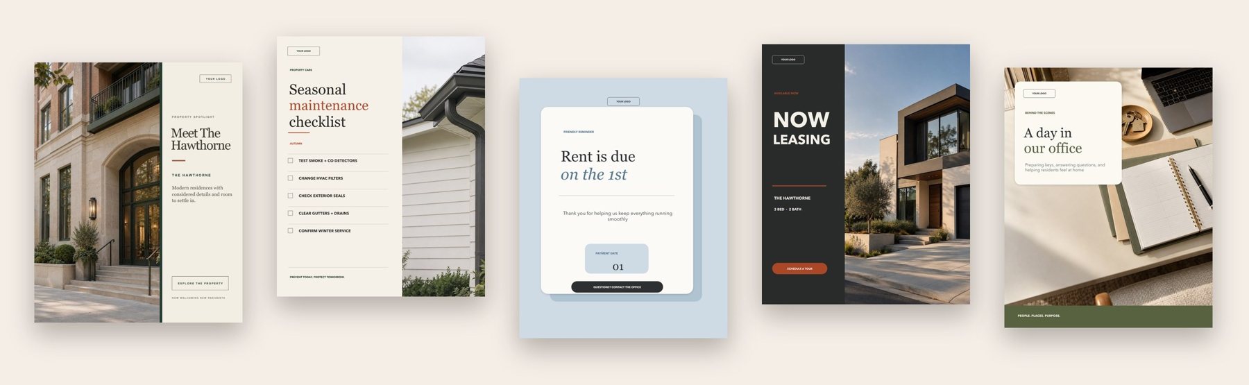 Five Leasing Edit Instagram templates, one from each design family: a property spotlight, a seasonal maintenance checklist, a rent reminder, a now leasing post and a day-in-the-office post