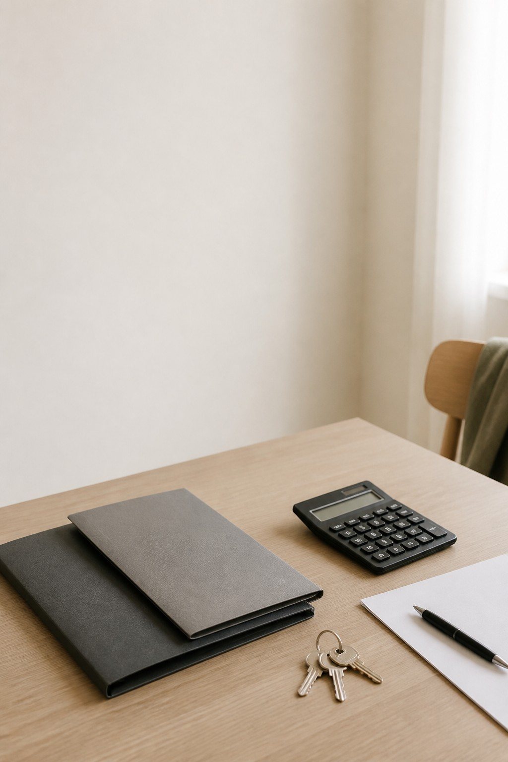 Folders, a calculator, keys, and paper organized on a desk near a window