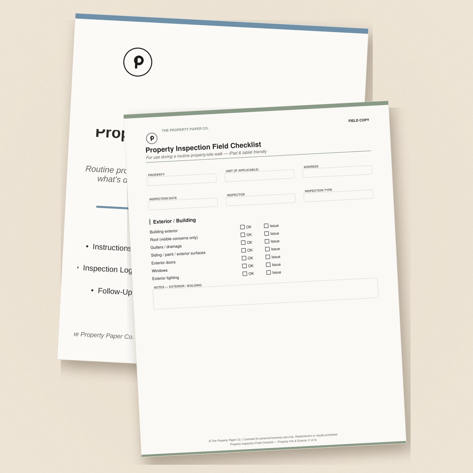 The Property Inspection Tracker cover and Field Checklist page on a warm linen surface