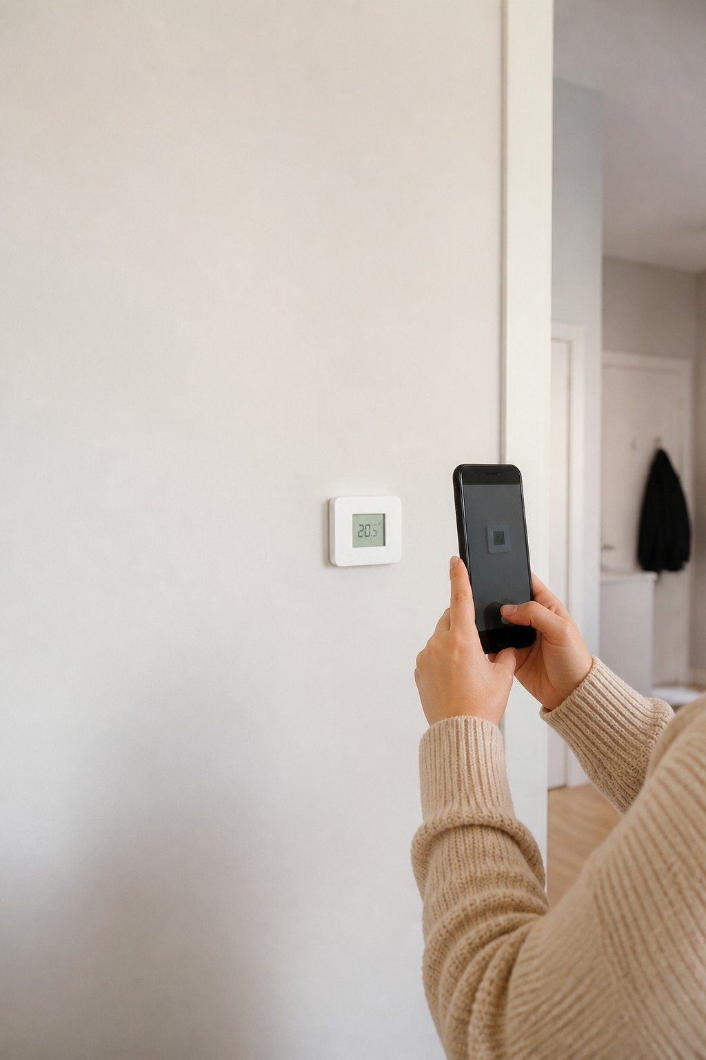 A hand holding a phone to photograph a wall thermostat