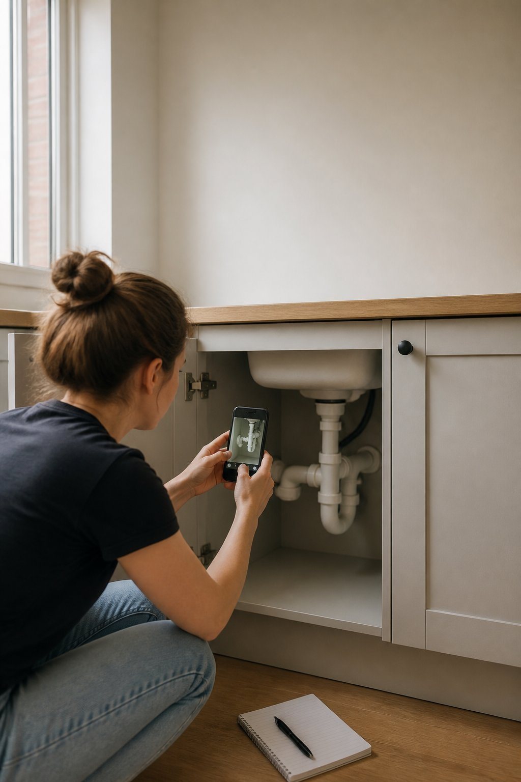 A person crouching to photograph the plumbing inside an open under-sink cabinet
